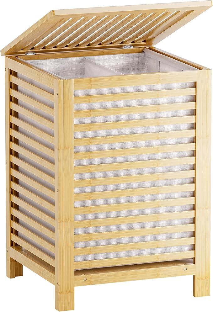SMIBUY Double Laundry Hamper with Lid, 120L Bamboo Laundry Basket with Removable Liner Bag, 2-Section Clothes Divider Laundry Sorter for Laundry Room, Bathroom, Bedroom (Natural) by SMIBUY