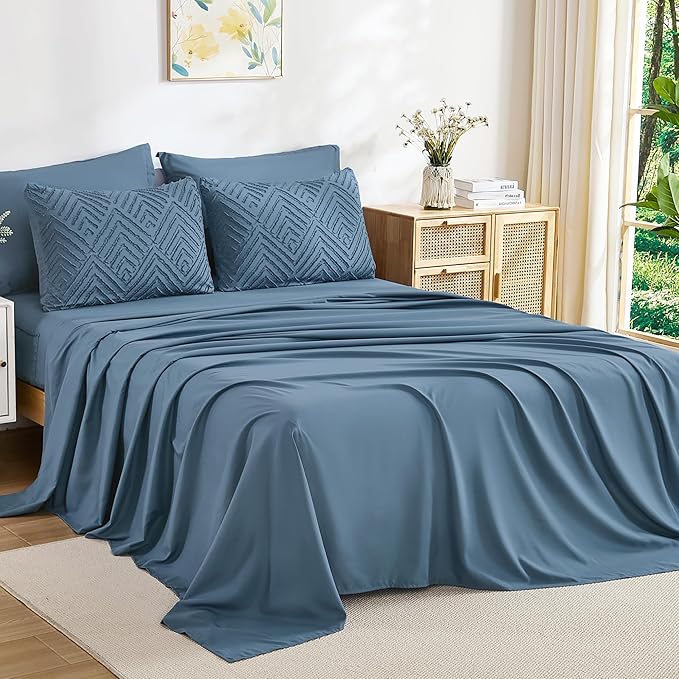 Andency Queen Comforter Set 7 Piece Ocean Blue - Bed in a Bag Queen Boho Lightweight Fluffy Tufted Bedding Sets with Comforter, Sheets, Pillowcases & Shams