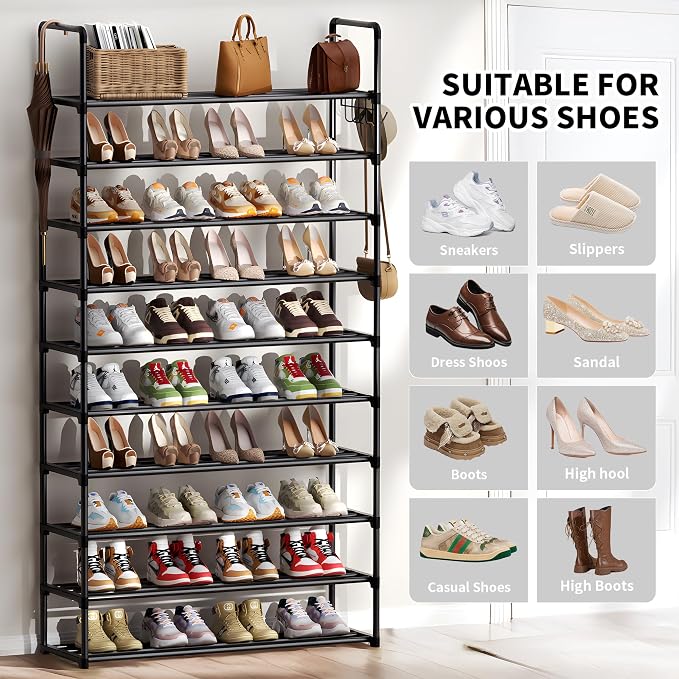 Shoe Rack, 10 Tier Shoe Storage Organizer with Hooks,Fit 40-45 Pairs Shoes,Metal Tall Shoe Shelf for Closet,Entryway, Hallway,Garage,Bedroom,Cloakroom - Image 7
