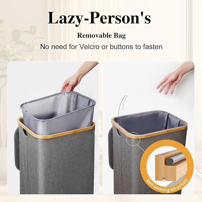 Foluck Large Laundry Hamper, 100L Waterproof Laundry Basket with Lid and Removable Bag, Collapsible Tall Clothes Hamper with Bamboo Handles for Clothes Toys in Dorm Bedroom Bathroom, Grey - Image 3