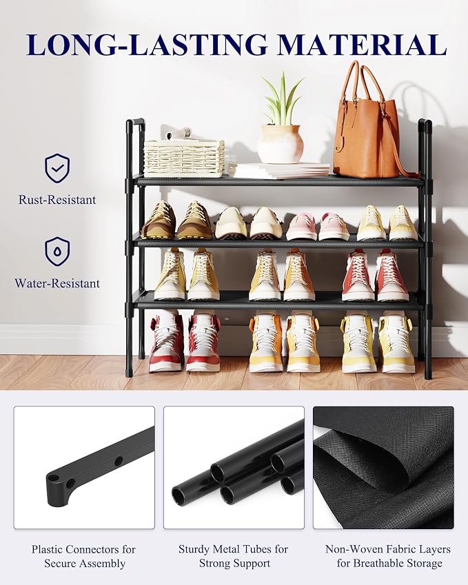 Kitsure Shoe Rack - 3-Tier Shoe Organizer, Shoe Rack for Closet, Entryway, Bedroom, Easy- Assembly Storage Shelf with Side Handles, 27.6" Wide - 3 Tiers, Black - Image 6