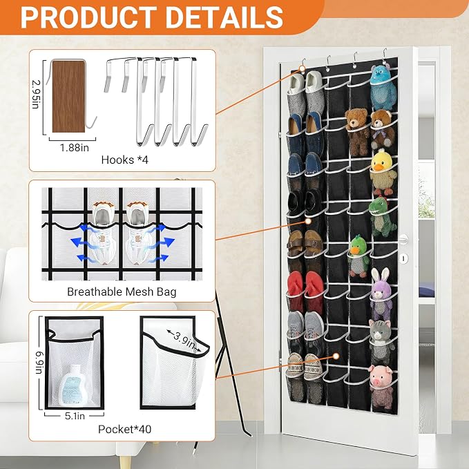 40-Pocket Over the Door Shoe Organizer - Large Mesh Pocket Hanging Shoe Organizer,Behind the Door Shoes Storage Holder Hanger (Black-W) - Image 4