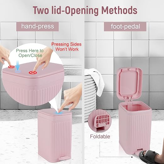 rejomiik Small Bathroom Trash Can with Lid Slim Soft Close Garbage Can Step Wastebasket Container Trash Bin for Office Bedroom Kitchen Living Room 1.9 Gallon Pink - Image 3