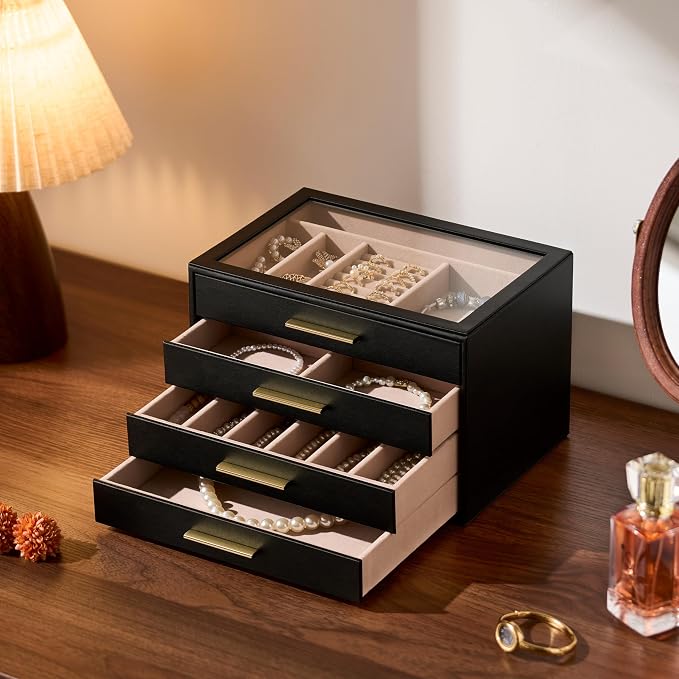 pickpiff Jewelry Box Organizer Case for Women: 4-Layer Jewelry Storage Case with Glass Window, Black Leather with Blush Velvet, Holder for Ring Necklace Bracelet Brooch Watch, Great Gift for Her - Image 3