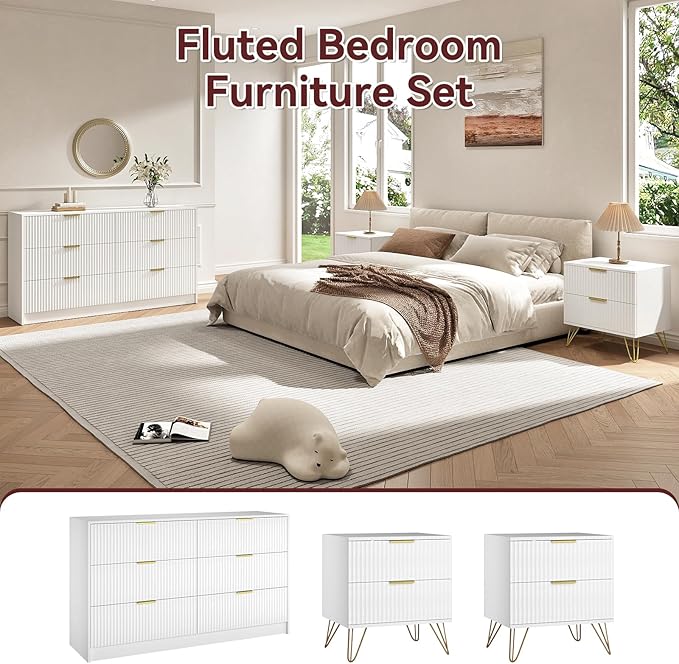 6 Drawer Dresser and Nightstand Sets for Bedroom, 3 Pcs Bedroom Set, Night Stand Set of 2 & 6 Drawer Dresser with Gold Handles, Modern Wood Chest of Drawers Storage Cabinet Set, White