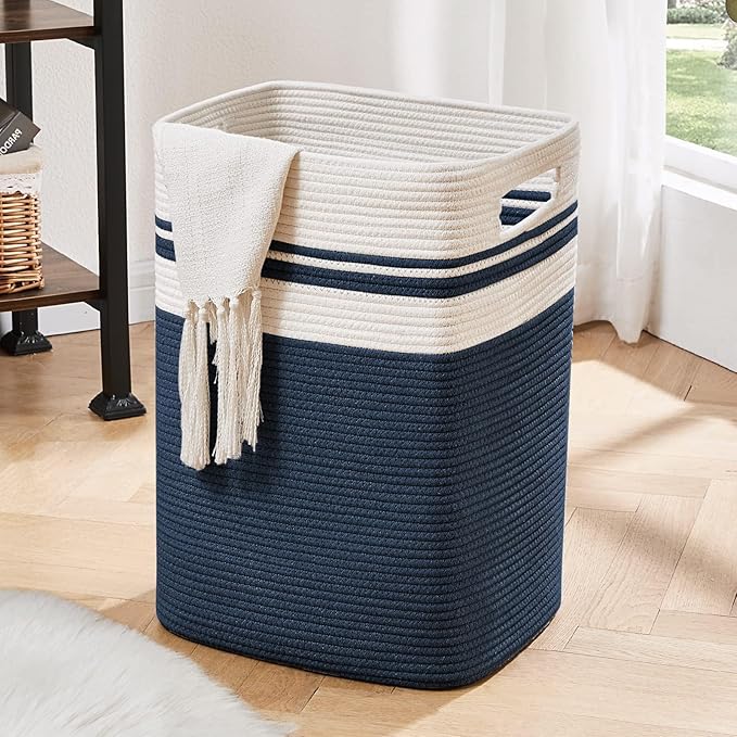 OIAHOMY Laundry Hamper-Laundry Basket,Tall Cotton Storage Basket with Handles,Decorative Blanket Baskets for Living room,Collapsible Large Baskets for Toys,Pillows,Clothes-16x13x22in-Blue by MasterofSpaceOptimization