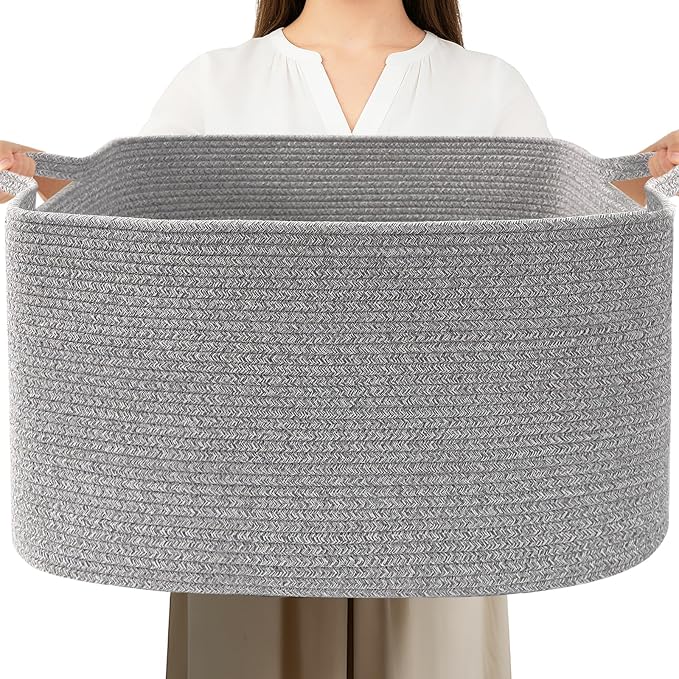 Large Blanket Basket,Woven Rope Basket Storage Bin with Handles,65L Rectangle Laundry Basket for Magazines,Toys,Clothes,Newspaper Shelf Organization,Nursery and Living Room,Grey by HZFTJOY