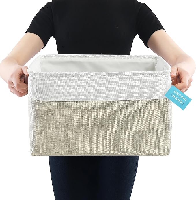 OrganiHaus Extra Large Fabric Storage Baskets for Shelves, 3 Pack, 16 x 13 in Closet Storage Bins, Canvas Organizer Baskets, Beige/Off-White - Image 3