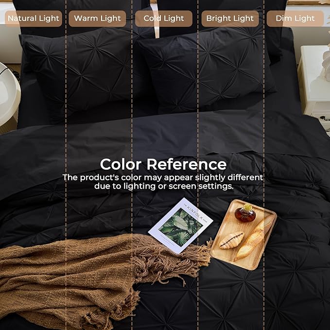 Sasttie Twin XL Comforter Set, 5-Piece Bed in a Bag, Pintuck Bedding Sets for All Season, Includes Comforter, Flat Sheet, Fitted Sheet, Pillowcase and Pillowsham, Black