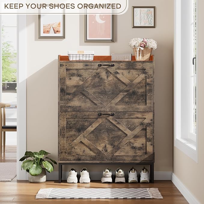 Nicetree Shoe Cabinet with 2 Flip Drawers, Freestanding Shoe Storage Cabinet with Metal Legs, Farmhouse Shoe Organizer for Entryway, Foyer, Hallway - Image 6
