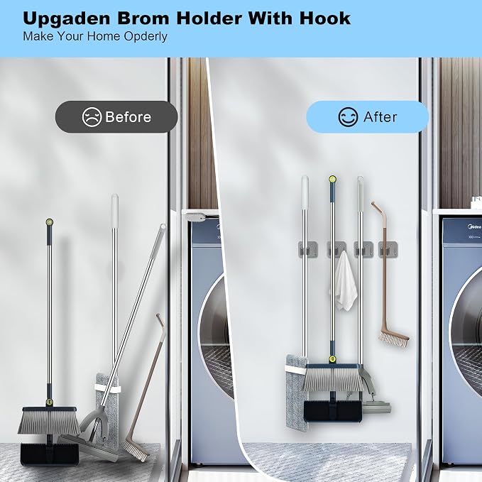 4 Pack Stainless Steel Mop and Broom Gripper with Hook, Screw Drilling or Self Adhesive Mop and Broom Holder Wall Mount, Storage Rack for Closet Laundry Garage Garden Tool Organizer, Silver - Image 2