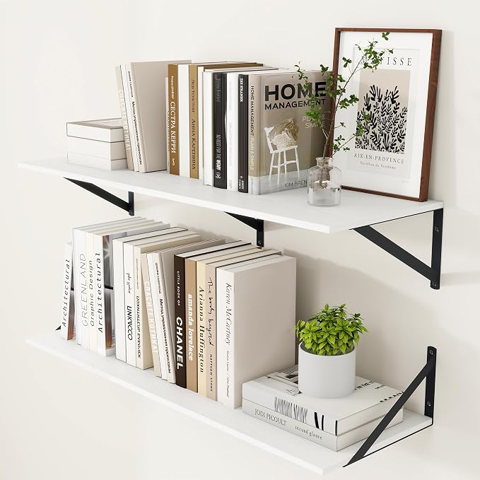 Heimlove White Deep Floating Shelves for Wall, 36W x 12D Wood Wall Shelves Set of 2, Wide Floating Bookshelf for Living Room, Kitchen, Office, Bedroom and Decor Storage, with Black Bracket - White by Heimlove