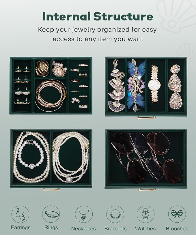 Enthralite Jewelry Box with 3 Drawers: Display Organizer for Earrings Necklaces - Gifts for Girls Women (Forest Green) - Image 6
