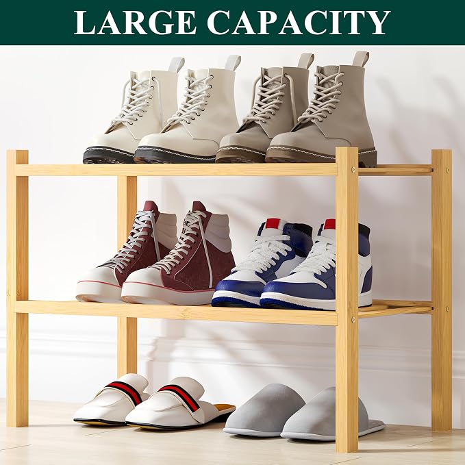 Smiry Shoe Rack, 2 Tier Small Bamboo Shoe Organizer, Stackable Free Standing Wooden Shoe Storage Shelf for Closet, Entryway, Front Door Entrance, Natural - Image 6