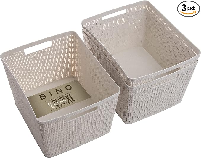BINO Woven Plastic Basket | Large (Natural), 3-Pack | THE JUTE COLLECTION | Home Organization, Space-Saving Storage, Stylish Design | Plastic Storage Basket by BINO