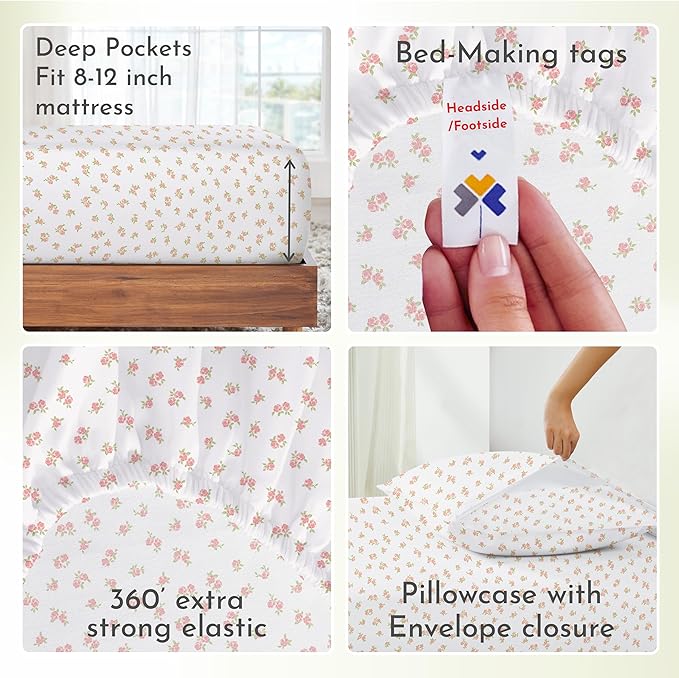 California Design Den Twin Floral Sheet Set, 100% Cotton 12" Pocket Twin Sheets & Pillowcase Set, Soft Sateen Weave - Chic Floral