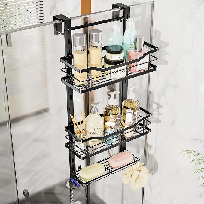 SWTYMIKI Over the Door Shower Caddy - 3 Tier Adjustable Shower Organizer Hanging with Soap Holder, No Drilling Stainless Steel Bathroom Rack Hanging for Body Wash, Shampoo, Soap, Razor, Black by SwtyMiki-TidyHomeSweetLife