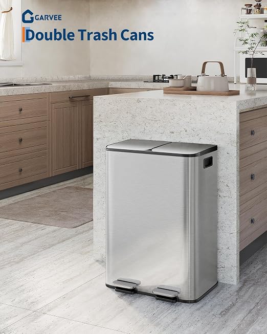 GarveeHome 2 x 8 gal Stainless Steel Double Trash Can with Lid for Kitchen, Large Dual Trash and Recycle Bin Combo, Step-on Kitchen Metal Garbage Cans, PP Inner Buckets, Liner Rim, Silver - Image 2