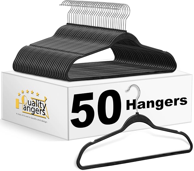 Quality Hangers 50 Pack Plastic Hangers for Clothes - Slim Non-Velvet Hangers with 360° Swivel Chrome Hook & Non Slip Notches - Ideal for Dresses Coats Shirts Jackets & More - Black by QualityHangers