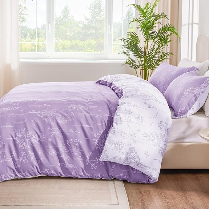 Love's cabin Lavender Comforter Set King - King Size Comforter Set, 3 Pieces Cute Floral Bedding Sets for All Seasons,1 Soft Reversible Botanical Flowers Comforter and 2 Pillow Shams