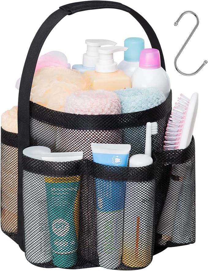 F-color Mesh Shower Caddy Portable, Large Capacity Shower Bag Basket Tote for College Dorm Room Toiletry Gym Rv Essentials, Bathroom Caddy Bag with S Hook, Black by F-color