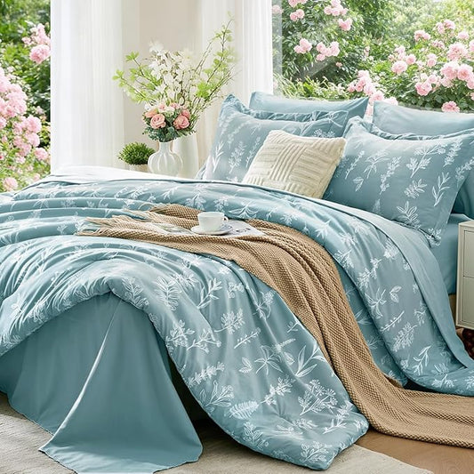 MUXHOMO Blue Full Comforter Set, Elegant Floral Print Bed in a Bag 7 Pieces, Ultra Soft & Breathable Reversible Botanical Pattern Bedding Set with Comforter, Sheets, Pillowcases, and Shams