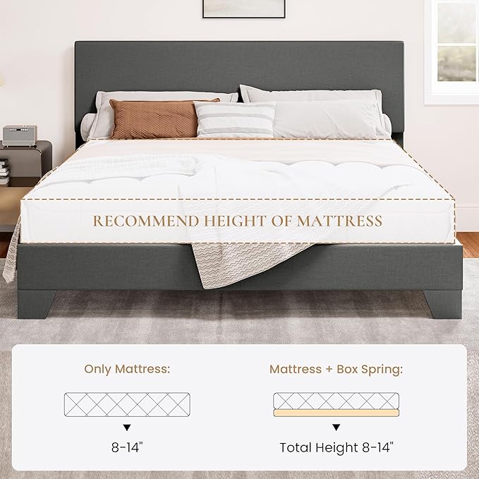 SHA CERLIN Queen Size Platform Bed Frame with Clean Line Fabric & Adjustable Headboard, Wood Slats Support, No Box Spring Needed, Easy Assembly, Dark Grey