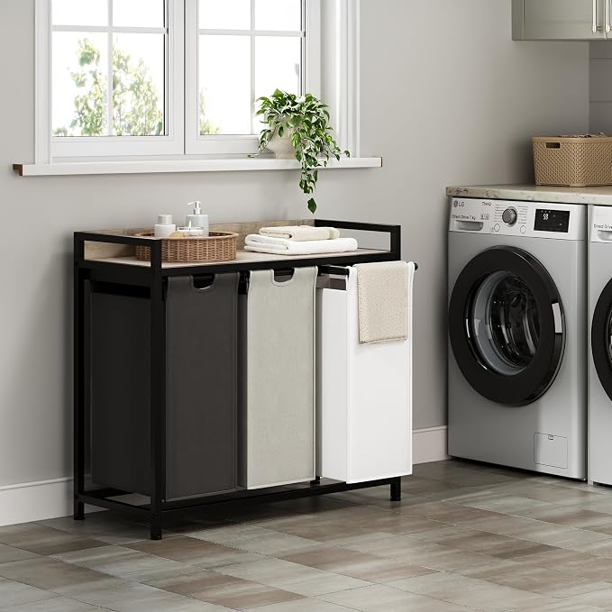 Herture Laundry Hampers with Shelf, Laundry Basket 3 Section, Laundry Sorter with Pull-Out Removable Large 3 Color Bags and Movable Wheels, Metal Frame, 3 x 15.87 Gallons (60L), Greige PF04XLZ - Image 2