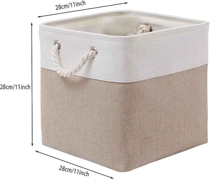 MidmmVick 11 x 11 Inch Cube Storage Bins, 6 Pack Large Collapsible Fabric Storage Bin with Ropes, Foldable Storage Cubes for Home, Office,Closet, Clothes, Toys Organizer (White & Beige-11"x11"x11") - Image 5