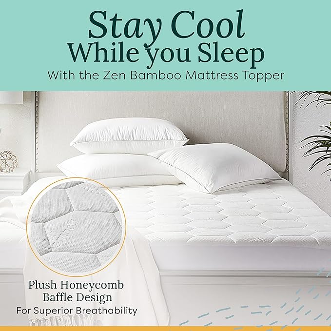 Zen Mattress Pad Cover - Cooling Bed Topper & Waterproof Protector w/Deep Pockets, King Size, White