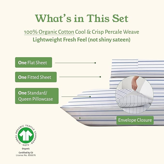 California Design Den Blue Stripe Sheets, 100% Organic Cotton Percale Sheets, Deep Pocket Twin XL Sheets & Pillowcase Set - Blue Stripe