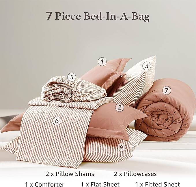 Monbix Full Size Comforter Set - 7 Pieces Autumn Leaf Prewashed Bed in a Bag Full Bedding Sets with Comforters, All Seasons Comforter Bed Set with Sheets, Pillowcases & Shams
