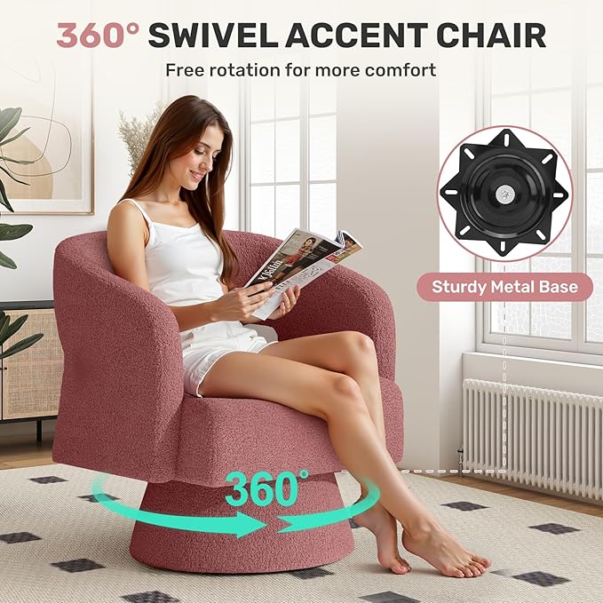 Nebuaegis Swivel Accent Chair Set of 4, Modern Comfy Teddy Barrel Chairs, Oversized Upholstered Round Arm Chair for Living Room, Bedroom, Reading Room, Dark Pink