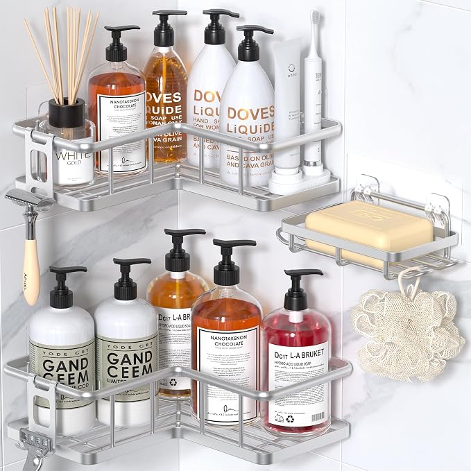 YASONIC Corner Shower Caddy Organizer, Self-Adhesive Rustproof Bath Shelves with Soap Holder & 4 Hooks, Large Capacity Shower Storage Rack for Bathroom Organization, (3Pack, Silver) by YASONIC