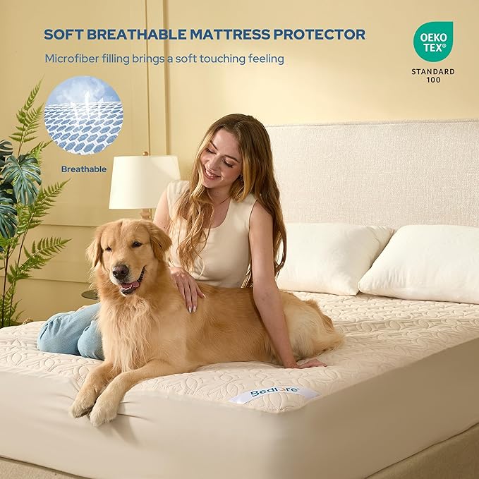 BEDLORE Waterproof Mattress Protector, Twin Size Mattress Pad with Deep Pocket 6"-15" Depth, Soft Breathable Single Bed Mattress Cover for Bedroom, Dorm Room (Beige)