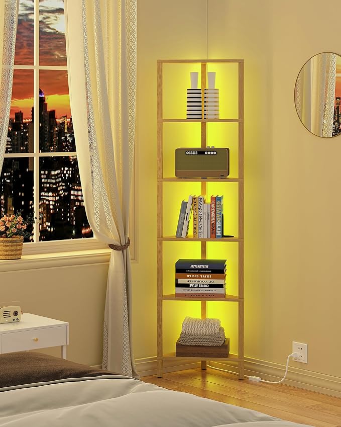 TUTOTAK Corner Shelf with LED Light, 6-Tier Corner Bookshelf for Small Space, Narrow Display Corner Shelf Stand with Storage Rack, for Living Room, Bedroom, Natural BS05BN006L - Image 4