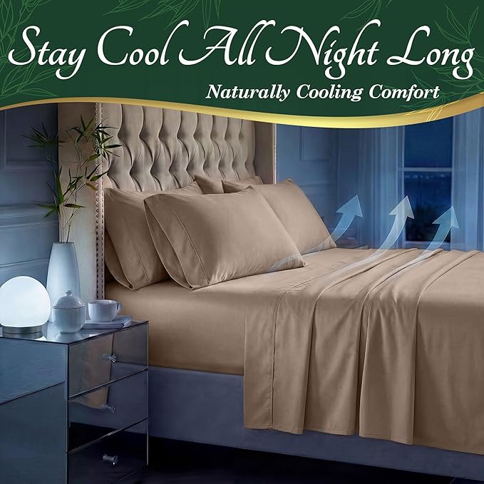DECOLURE 100% Viscose Derived from Bamboo Sheets Full Size - Luxury 6 Pc Naturally Cooling Sheets, Ultra Soft Bed Set - Deep 17" Pockets, Durable Double Stitching, Oeko Tex Standard (Taupe)
