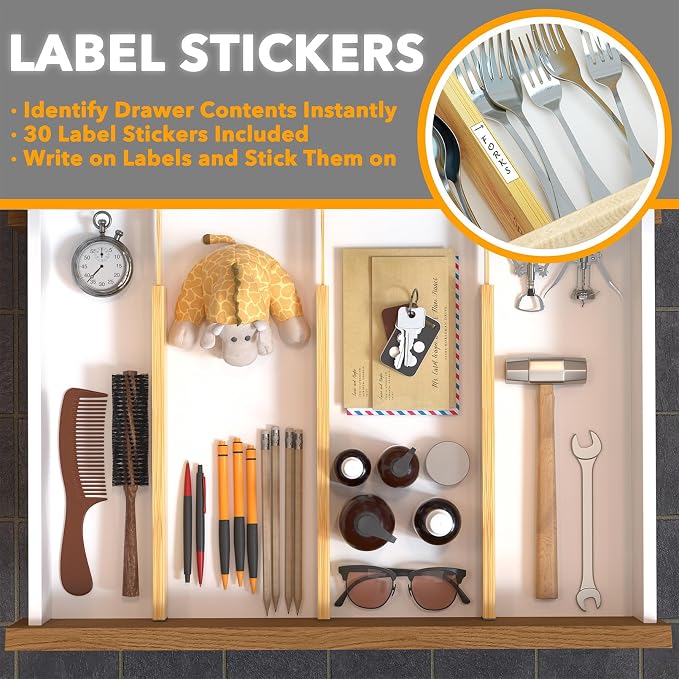 SpaceAid 4 Pack Bamboo Drawer Dividers with Labels, Kitchen Adjustable Drawer Organizers, Expandable Organization for Home Clothes Dressers (17-22 in, Natural) - Image 4
