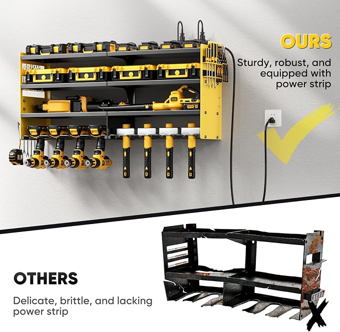 POKIPO Large Power Tool Organizer Wall Mount with Charging Station,4 Layer Heavy Duty Metal Storage Rack Loads 600lbs with 8 Cordless Drill Holder,Battery Utility Rack Gift for Garage workshops Room - Image 4