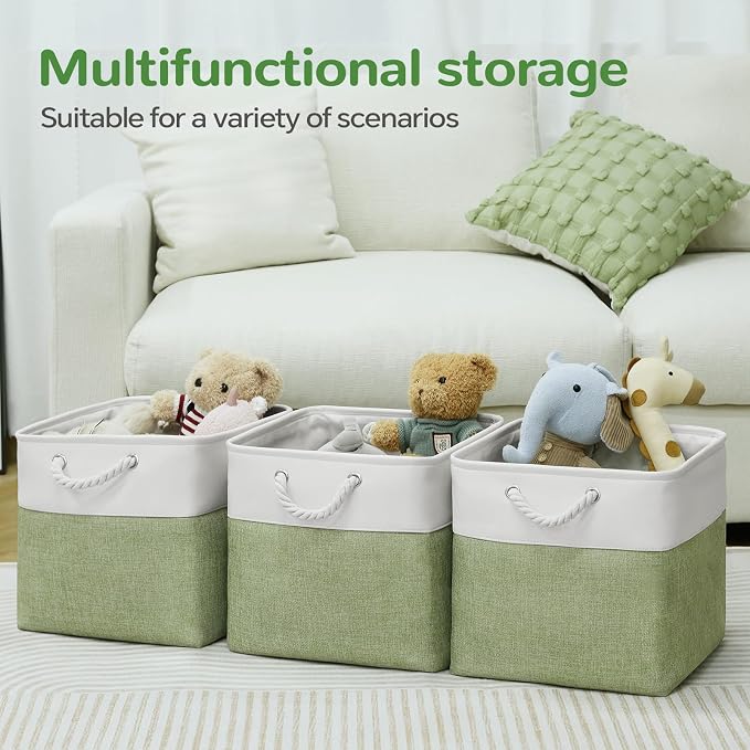 12 x 12 Inch Cube Storage Bins, 4 Pack Fabric Storage Basket with Handles, Foldable Boxes Organizer for Shelf Baskets for Home, Clothes (White/Green) - Image 5