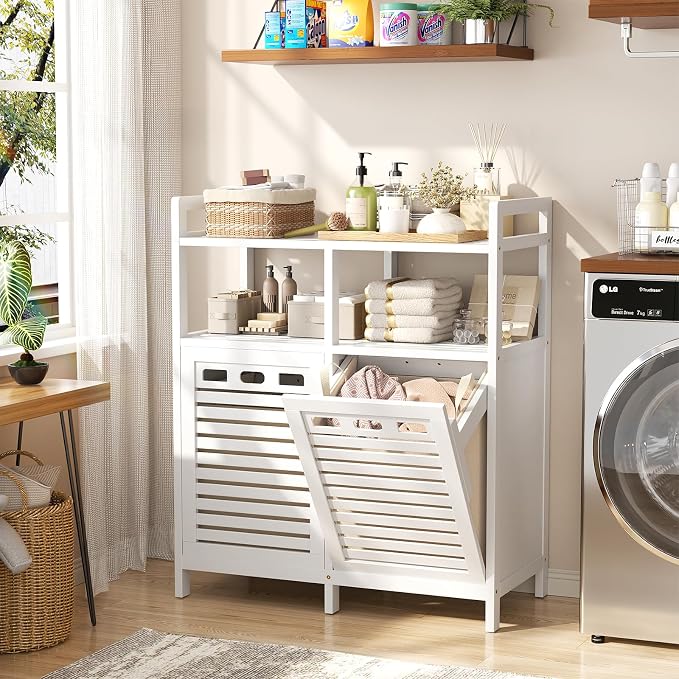 Homykic Tilt Out Laundry Hamper Cabinet, Bamboo Double Laundry Hamper with 2 Removable Laundry Baskets, 20 Gal Laundry Sorter Organizer with Shelf for Dirty Clothes, Bathroom, Laundry Room, White - Image 3