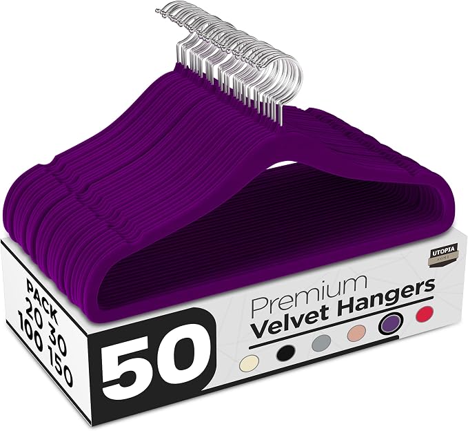 Utopia Home Velvet Hangers 50 Pack – Luxury Non-Slip Slim Pant & Coat Hangers, Strong Space-Saving Clothes Hangers with Pants Bar and 360° Swivel Hook – Purple by UTOPIAHOME