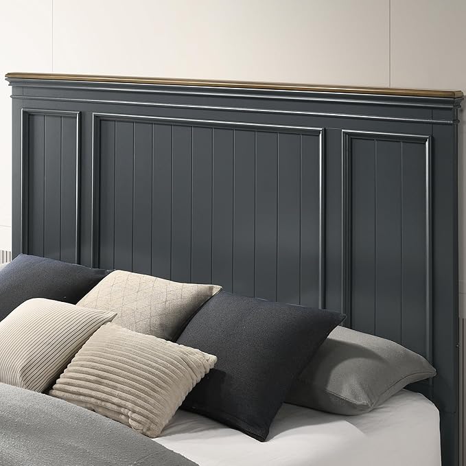 Roundhill Furniture Riverton Wood 3-Piece Bedroom Set, Shiplap Panel Queen Bed with 2 Nightstands in Slate Blue
