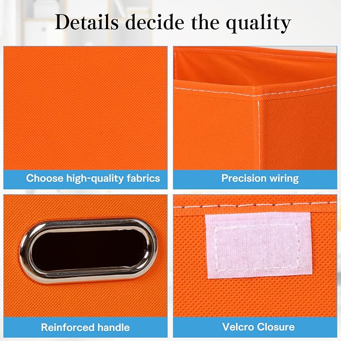 STOREONE Fabric Storage Cube Bins Foldable Organizer Container Collapsible Basket with Lids and Metal Handles, for Home, Bedroom, Closet 3 Pcs (Orange) - Image 7