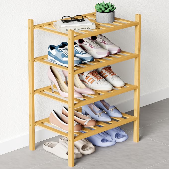 Smiry Bamboo Shoe Rack for Closet, 4 Tier Small Wooden Stackable Shoe Organizer, Free Standing Shoes Storage Shelf for Entryway, Front Door Entrance, Natural by Smiry