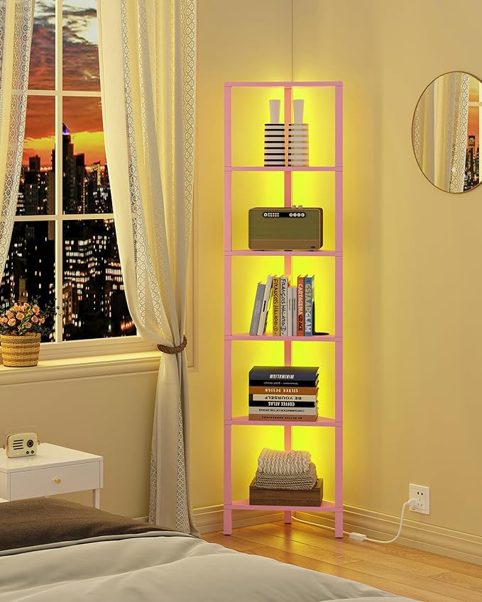 TUTOTAK Corner Shelf with LED Light, 6-Tier Corner Bookshelf for Small Space, Narrow Display Corner Shelf Stand with Storage Rack, for Living Room, Bedroom, Pink BS05BP006L - Image 3