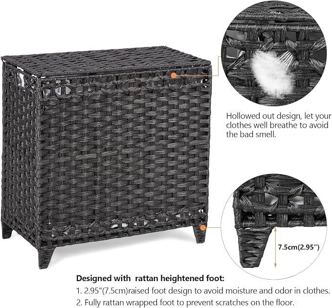 Laundry Hamper with 3 Removable Liner Bags; 132L Handwoven Rattan Laundry Basket with Lid & Heightened Feet; Clothes Hamper with Side Handles; Laundry Sorter with 3 Separate Sections - Image 5