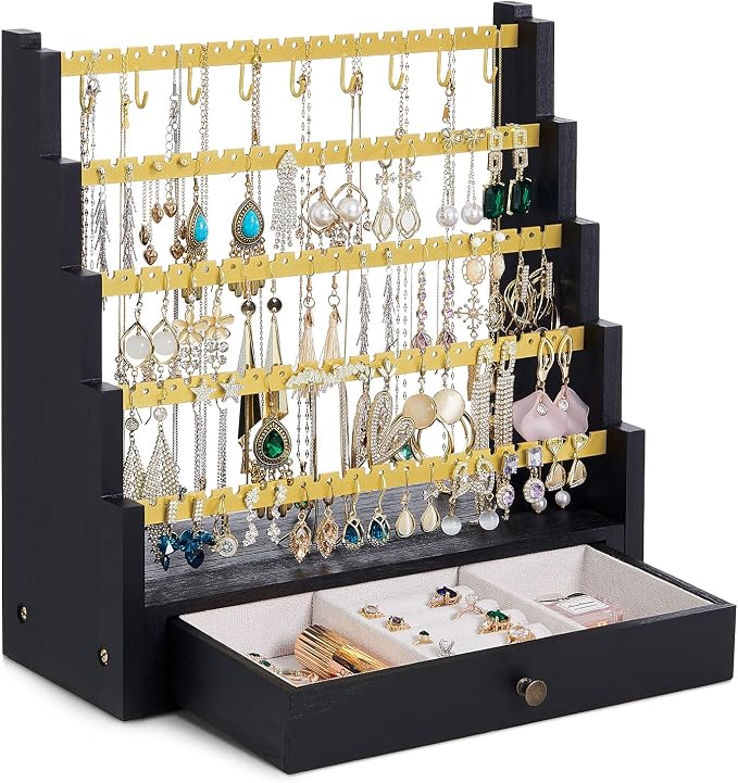 Pinzoveco Earring Organizer, 5 Layer Earring Holder Organizer with Metal Necklace Holder Pole, Rustic Wood Jewelry Organizer Stand Display for Stud Earring Bracelet Necklace Ring, 175 Earring Holes by Pinzoveco