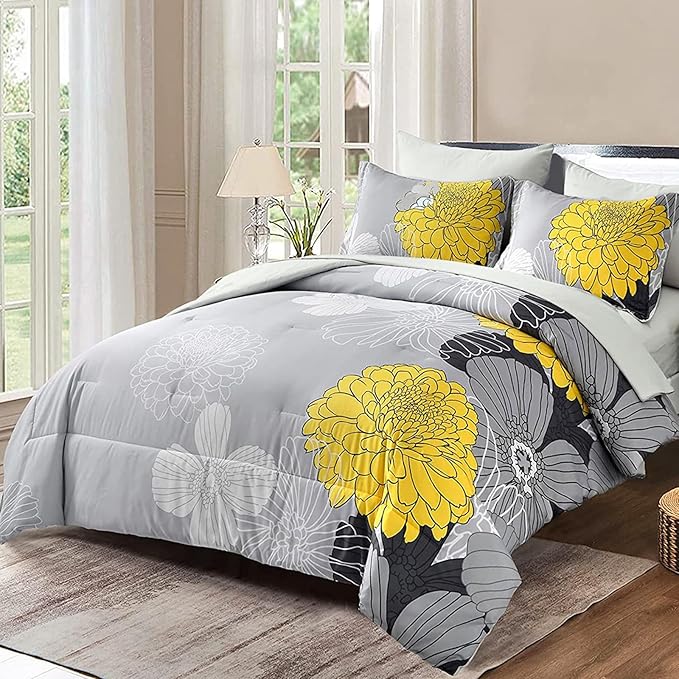Yiran 7 Pieces Bed in a Bag Comforter Set Yellow Floral Comforter Flowers Soft Microfiber Bedding Set King Size (1 Comforter 1 Flat Sheet 1 Fitted Sheet 2 Pillowshams 2 Pillowcases)