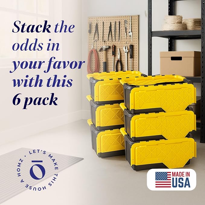 HOMZ 6-Pack Durabilt Tote, Heavy Duty Plastic Storage Bins with Lids, 15 Gallon, Black/Yellow - Stackable Organizing Containers for Home, Garage, and Office - Image 2
